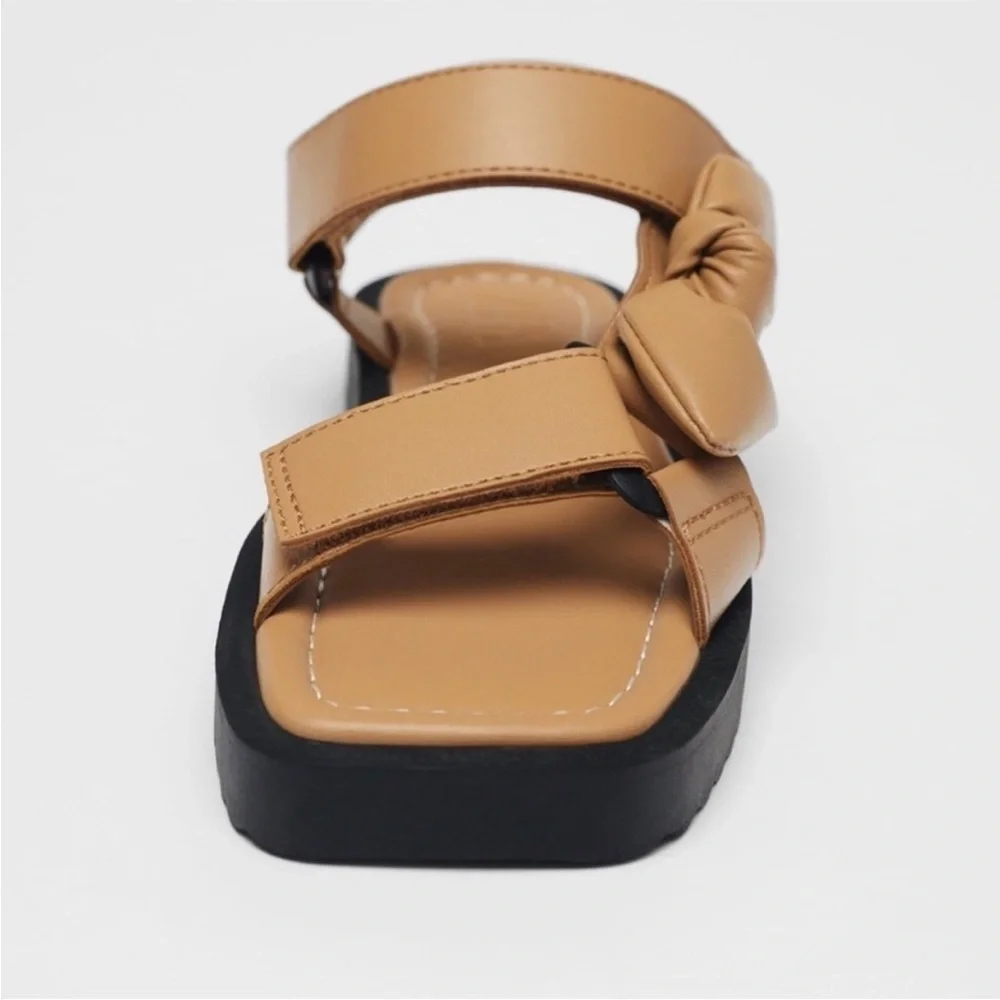 Zara | Bow Velcro Sandals In Tan Size 36